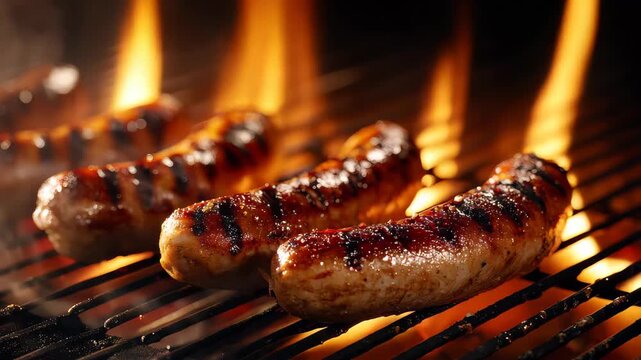 Grilling sausages on a barbecue at a summer cookout during the evening with flames and smoke rising
