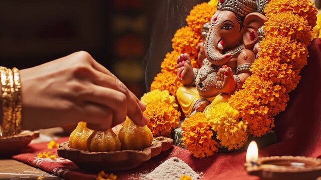 Ganesh Chaturthi Celebration with Modak and Diyas.