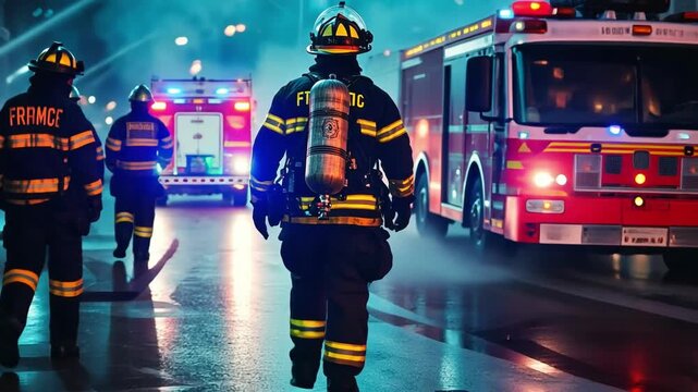 Footage of firefighters at work, battling flames, and performing fire rescue operations. Shows fire safety, emergency response, and professional firefighting in action. Ideal for safety, rescue, and