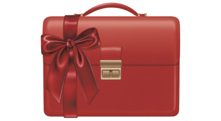 Red leather briefcase with gold clasp and bow isolated on a transparent background