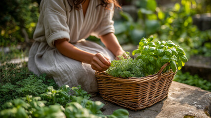 A woman is sitting on the ground and picking herbs