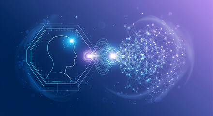 Artificial Intelligence Concept with Human Head Profile Connecting to Neural Network and Digital Brain Data