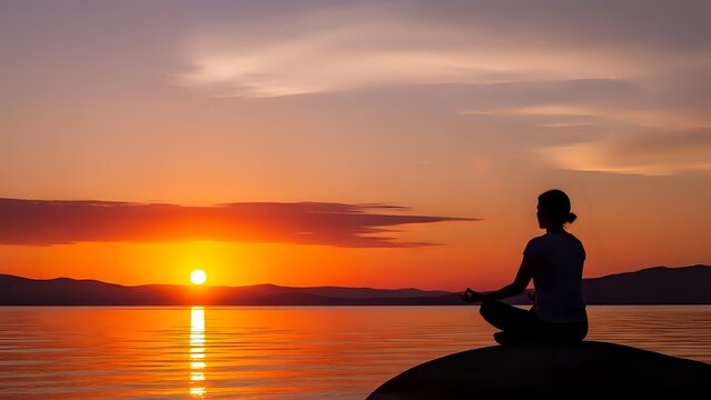 Silhouette of woman meditating in lotus pose on rock by calm lake at golden sunset with warm orange sky reflecting on water creating peaceful zen moment.