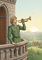 Herald trumpeter playing fanfare announcing sunrise
