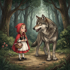 Little red riding hood meeting big bad wolf in forest