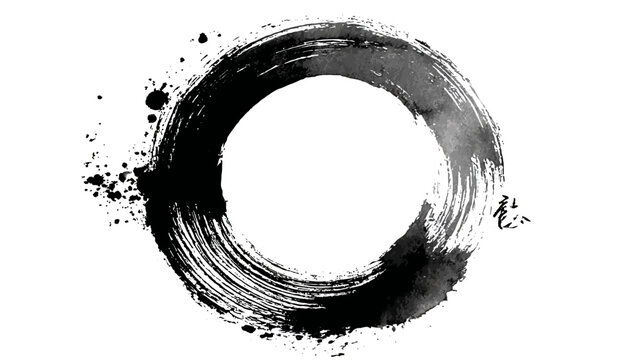 A monochrome illustration of a brushstroke circle with various textures and ink splatters