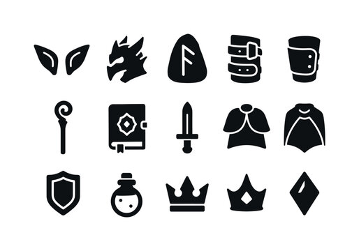 Fantasy Costume Icons. Fantasy costumes. Solid icon set of fantasy costumes: elf ears, dragon helmet, runestone, leather bracer, mage staff, spellbook, dagger,