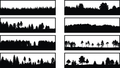 Forest landscape silhouette banner set featuring diverse tree horizons isolated black nature scenery vector illustration frames collection design elements templates