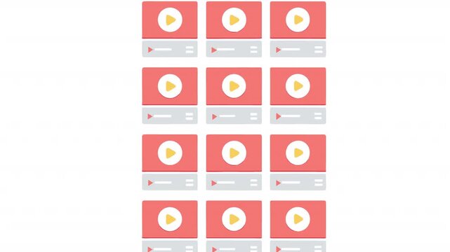 Video player icon grid. Play button animation, alpha channel. Cartoon