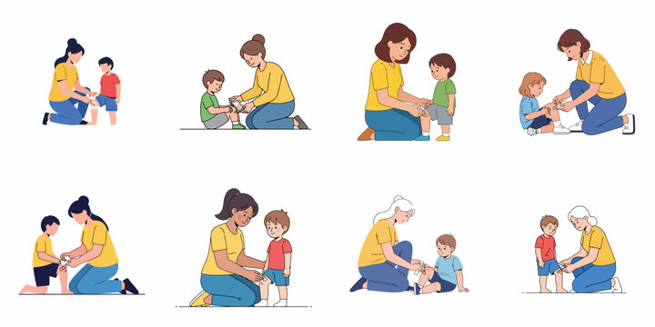 Collection of illustrations showing mothers and caregivers applying bandages and first aid to young children's scraped knees and minor injuries.