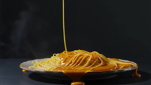 Savory spaghetti being smothered in rich golden sauce