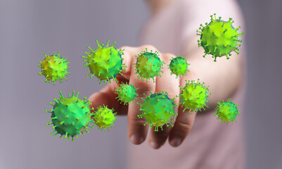 Hand pointing at viruses representing concept of infection and disease. Illustrative image for medical and sci