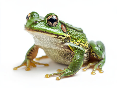 Green frog sitting on white background