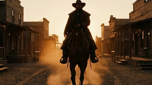 A lone cowboy rides a horse through a dusty old western town at sunset. Dramatic silhouette of a gunslinger approaching on a deserted street. Cinematic American frontier concept