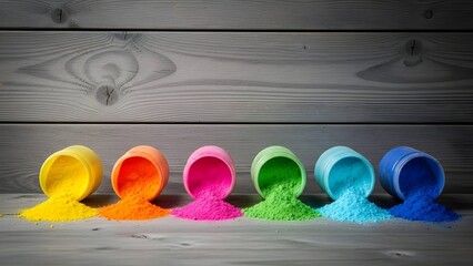 Vibrant holi day colors in a row on wooden background