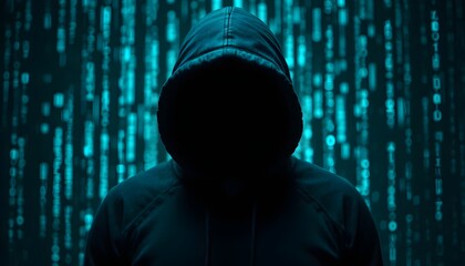 Mysterious hacker in dark hoodie surrounded by code