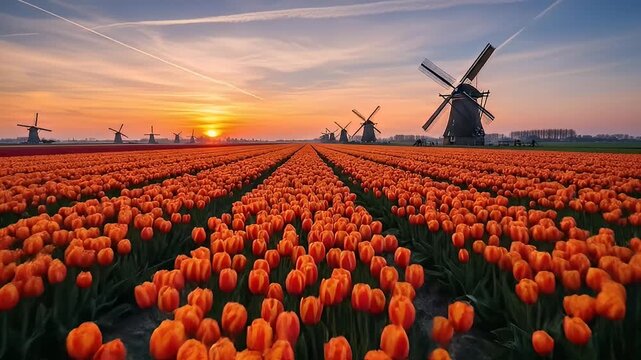 Orange Tulip Field with Windmills at Sunset.