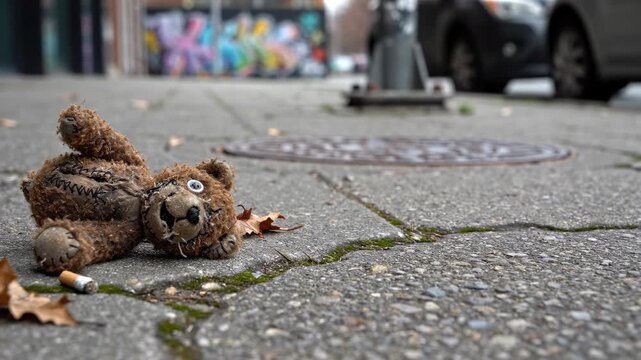 Squirrel toy lies on sidewalk as person walks past. Urban setting features colorful graffiti wall nearby. Concept of toy design, street art, urban living