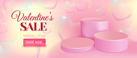 Valentine Sale Banner with Pink Podium and Bubble Hearts