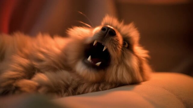 Adorable fluffy dog barking with mouth open and teeth showing.