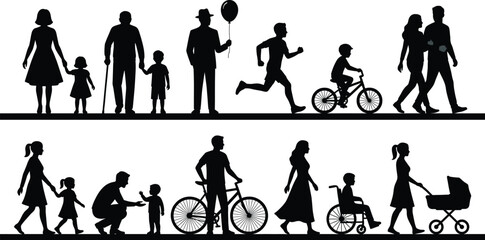 Family people silhouette collection showing daily life activities walking cycling parenting isolated black human figures vector illustration set