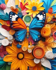 Colorful paper flowers with a vibrant butterfly.