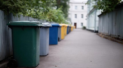 Row of colorful trash cans lined up on the side of a street. the cans are of different colors - green, blue, yellow, and gray.