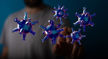Abstract 3D rendered illustration of virus particles near a human hand, representing concept of disease and pa
