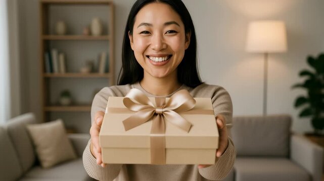 A woman smiling and holding a gift box towards the camera in a cozy living room. The eye-level angle adds a personal touch, ideal for a heartfelt video.