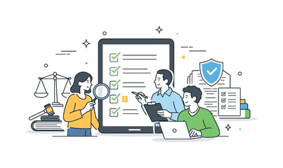 Compliance Team Review. Regulatory compliance process. A team checking requirements on a digital checklist with law and document icons nearby. Careful review