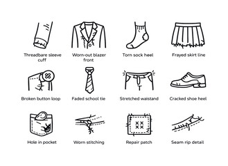 Worn Uniform Icons. Worn-out school uniforms. Line icon set of worn-out school uniforms: threadbare sleeve cuff, worn-out blazer front, torn sock heel, frayed