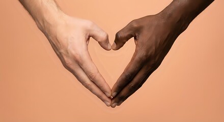 Two diverse hands forming heart shape symbol representing unity love and togetherness against warm peach background for romantic and social campaigns.