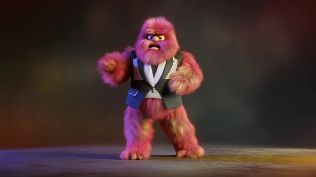 Furry pink monster character with a beard and vest, expressing anger and frustration, standing on a stage with dramatic lighting.