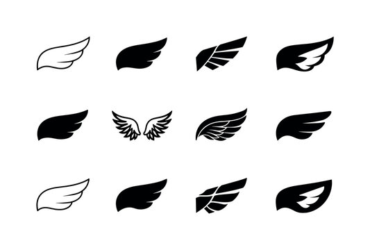 Angel Wings Icons. Angel wings. Icon set. Set Logo of angel wings: single wing silhouette. harmonious logo variations of the same emblematic concept, each with