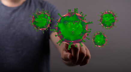 Digitally rendered image depicting a hand interacting with a 3D virus illustration. Concept of healthcare, dis