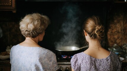 Two women in a kitchen, standing in front of a stove with a large frying pan on it. the woman on the left is wearing a blue dress with a floral pattern and has blonde hair.