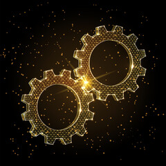 Premium golden wireframe gears interlocking on a dark background with glowing particles. This technical illustration symbolizes mechanical synergy, industrial deals, efficient partnership, and collabo