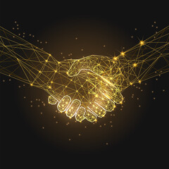 Premium golden low-poly handshake glowing on a dark background. This futuristic illustration symbolizes a secure digital deal, professional trust, global networking, and successful corporate collabora