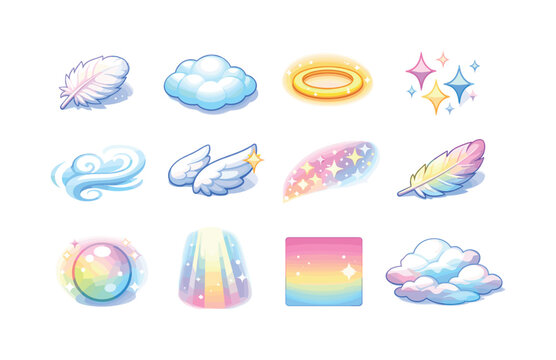 Angelic Icon Collection. Soft angelic elements. Colorful isometric vector icons set of soft angelic elements: soft feather puff, cloud cushion, halo glow,