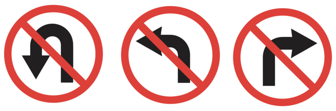 No left right and U turn traffic sign symbol, prohibitory icons with red crossed-out circle arrows, suitable for road safety, traffic illustration.
