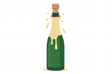 Champagne bottle with cork popping and champagne flowing out isolated on a transparent background