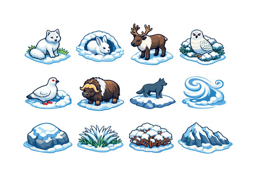 Tundra Wildlife Icons. Snowy tundra wildlife. Colorful isometric vector icons set of snowy tundra wildlife: arctic fox on tundra, snow hare in dip, caribou on