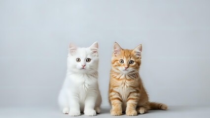 Plakat Two adorable kittens sitting together on white background, orange tabby and white fluffy cats, domestic pets for veterinary care and adoption concepts.