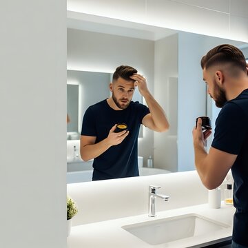 Young bearded man applying hair styling product in modern bathroom mirror reflection. Morning grooming routine and male personal care concept.