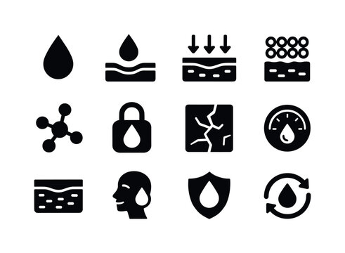 Skin Hydration Icons. Skin hydration and moisture balance. Solid icon set of skin hydration and moisture balance: hydration droplet, moisture barrier icon,
