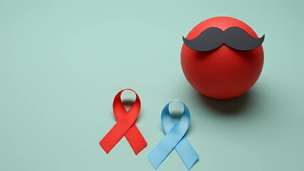 Red and blue awareness ribbons with a red ball and mustache on a light blue background.