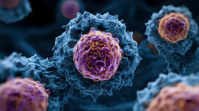 Close-up view of cancer cells with visible mutations under a microscope showing detailed structure and activity in a laboratory setting