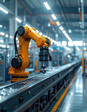 A modern industrial robot arm in a factory setting, showcasing advanced automation technology in a production line.