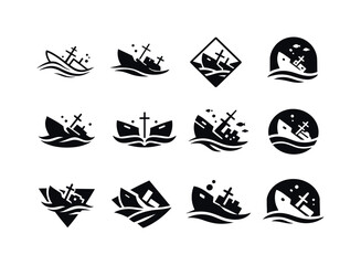 Obraz premium Sunken Ships Icons. sunken ships. Icon set. Set Logo of sunken ships: shipwreck silhouette. harmonious logo variations of the same emblematic concept, each
