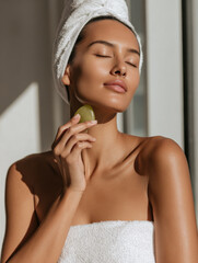 Woman using jade guasha tool for skincare with towel and natural light